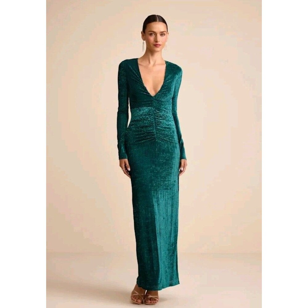 Lulus Demaline Emerald Green Velvet Striped Backless Maxi Dress Small Slit